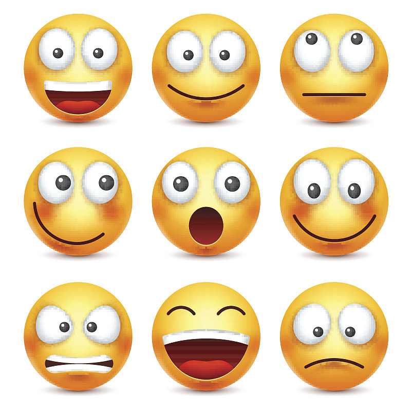 笑脸,表情符号。黄脸带着情绪。面部表情。3 d现实emoji。伤心,高兴,生气的脸。有趣的卡通cha