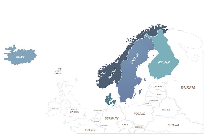 斯堪的那维亚。波罗的海。北欧国家地图。丹麦、挪威、芬兰、瑞典矢量地图。