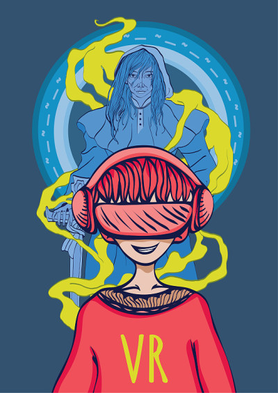 虚拟现实中的游戏。戴着虚拟现实眼镜的男孩和玩家的化身是一个拿着剑的战士。向量概念说明。