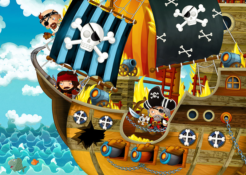 cartoon scene with pirate ship sailing through the