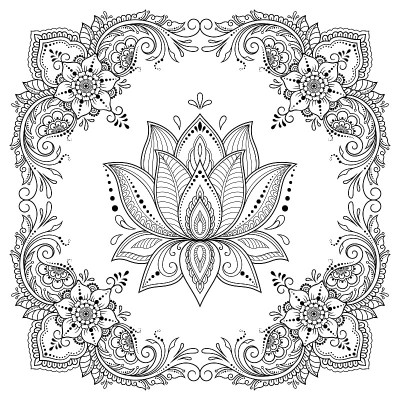 圆形曼陀罗的形式与荷花为指甲花，曼海蒂，纹身，装饰。具有民族东方风格的装饰装饰。轮廓涂鸦手绘矢量插图
