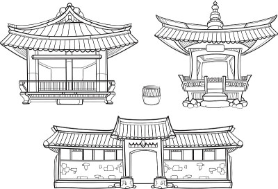 韩屋韩国传统建筑向量轮廓集