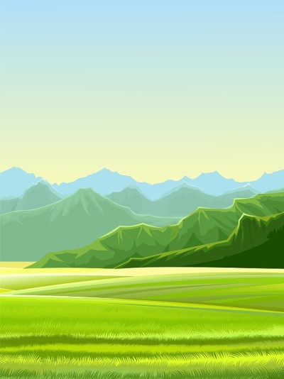 农村景观。山和草地。牧场和农田。美丽的大自然。地平线很遥远。农村农地地块。插图。向量