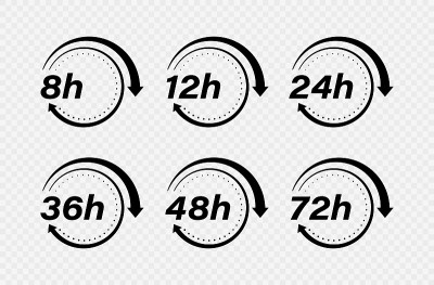 收集8,12,24,36,48和72小时时钟箭头矢量图标。设计交付服务，订单，业务，矢量插图