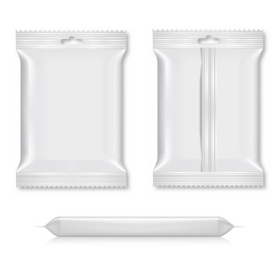 逼真的食品零食枕头袋。前顶和后视图。模拟。向量