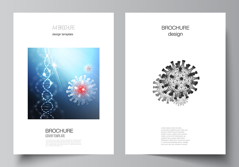 矢量布局A4封面模型模板的宣传册，传单布局，小册子，封面设计，书籍设计。冠状病毒的3d医学背景。Co
