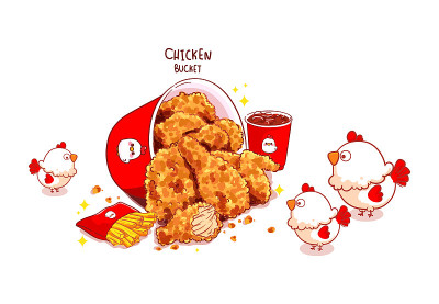 炸鸡桶，炸鸡鸡腿和可爱的小鸡卡通艺术插图