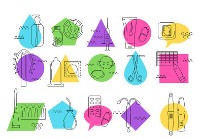 Contraception different methods icon set in retro 