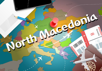 North MNorth马其顿旅游概念地图背景与飞机，ticketacedonia旅游概念地图背景与