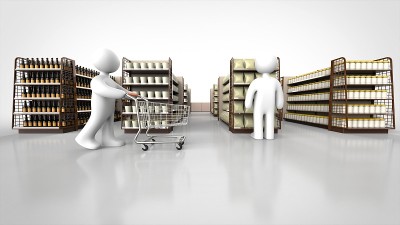 商店货架和顾客前面的3d渲染