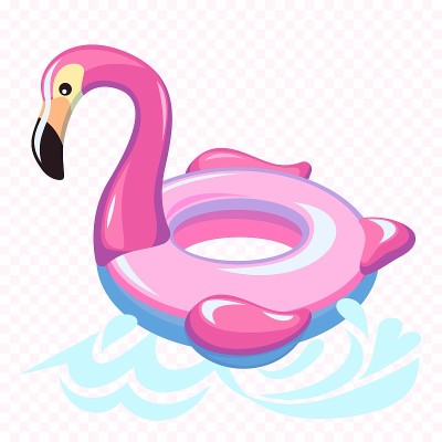 游泳火烈鸟。游泳夏季游泳池充气玩具粉红色火烈鸟浮海滩海环与海洋波浪的概念