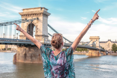 Woman arms raised at Budapest, Hungary
