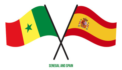 Senegal and Spain Flags Crossed And Waving Flat St