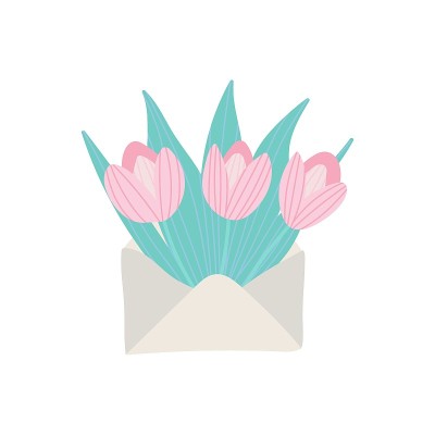 信封里装着一束春天的鲜花。向量贺卡