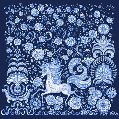 一套蓝色手绘童话麒麟马和玫瑰花。水彩画幻想动物和花卉元素在深蓝色的背景。蜡染漆，t恤印花，书封面