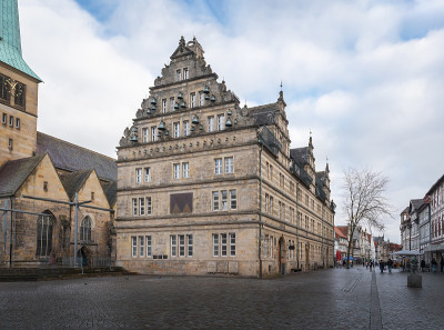 德国，下萨克森州，Hamelin, Hochzeitshaus建筑的正面