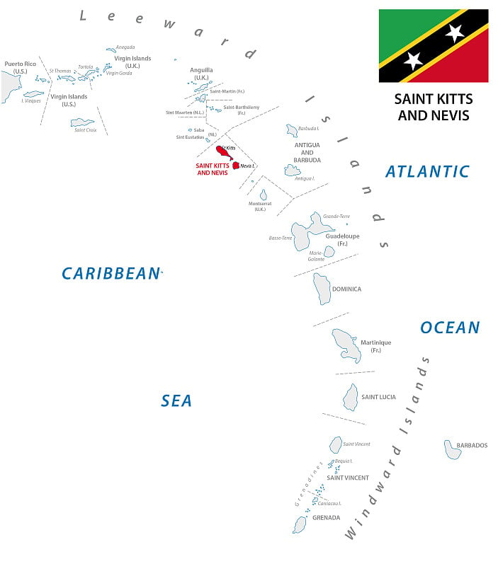 带有圣基茨尼维斯的小安的列斯群岛轮廓地图