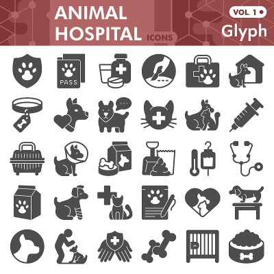 Animal hospital solid icon set, Veterinary symbols