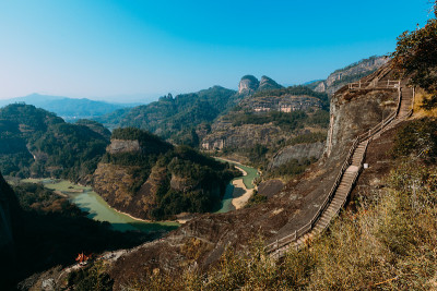 福建武夷山天佑峰俯瞰九曲溪，又称九曲溪