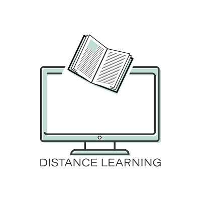 书。电脑。远程教育。矢量图标。教育,学位。大纲的象征