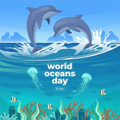 6月8日世界海洋日。拯救我们的海洋。背景矢量图。
