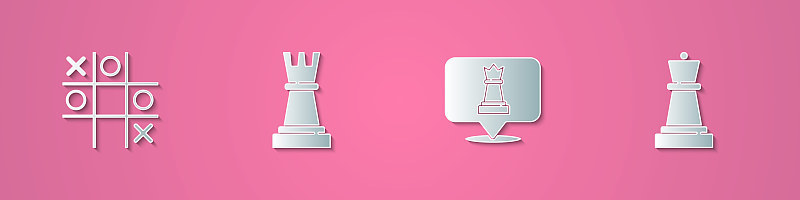 设剪纸井字游戏，国际象棋，和图标。纸艺术风格。向量