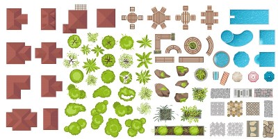 设置建筑和景观元素，俯视图。收藏房屋、植物、花园、树木、游泳池、户外木制家具、瓷砖。平面向量。表、长
