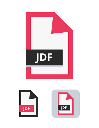 Jdf文件平面矢量图标。工作定义格式符号- jdf票据文件，用于印刷工厂在白色背景上隔离。