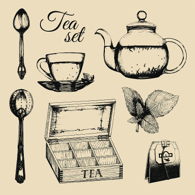 手绘矢量茶具。插图收集厨房玻璃和银器素描风格，杯，壶等。