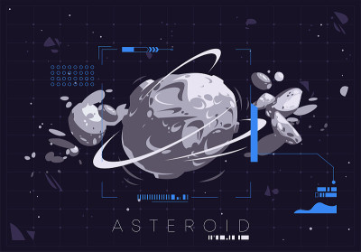 矢量插图的小行星在外层空间与技术平面设计元素，空间物体探索