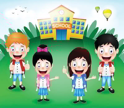 学校建筑与快乐可爱的小朋友角色