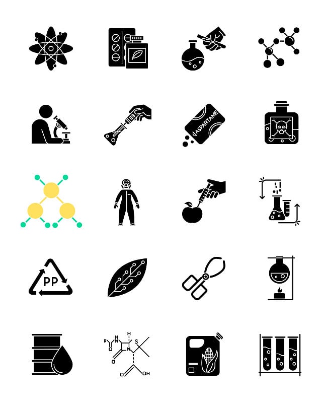 科学与自然互动字形图标集。生物技术设备。在实验室工作。合成的产品。有机化学。轮廓符号。向量孤立的插图