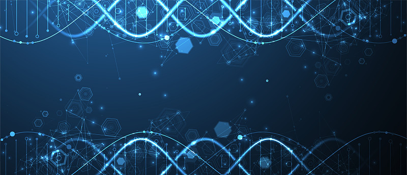 发光的氖DNA链。生物技术、生物化学、科学、医学概念。