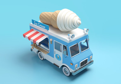 冰淇淋车3D插图与剪切路径。三维渲染
