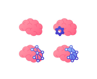 神经学，人脑研究概念。矢量平面插图图标集。彩色脑标志与齿轮和网络。设计元素为医疗横幅，web ui，