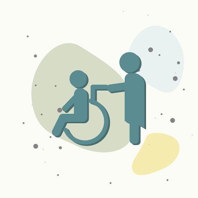 残疾人矢量图像。禁用与护士。轮椅图标上的彩色背景。
