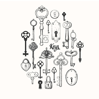 Vector set of hand-drawn antique keys. Illustratio