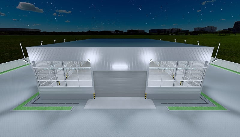 3d渲染机库建筑外部和卷帘门和铺砖地板在晚上的时间。