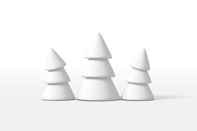 三棵松树或圣诞树被白雪覆盖的3D渲染，孤立在白色的背景上。卡通极简玩具风格。