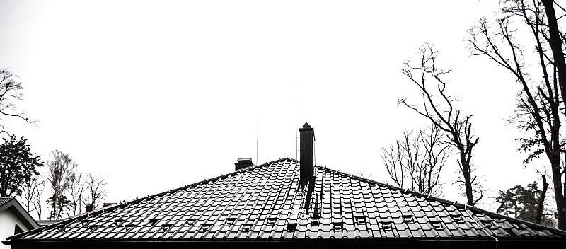 建筑的屋顶覆盖着金属瓦，并安装了通风管道