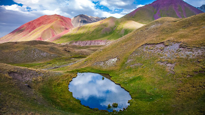 美丽的风景。风景秀丽的湖之间的山。Trans-Alay范围。帕米尔山系统。