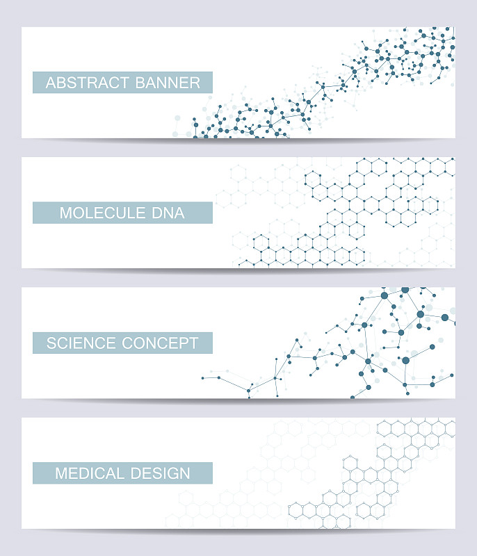 一套现代科学横幅。分子结构DNA和神经元