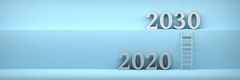 宽横幅与2020年和2030年和梯子领先的蓝色背景