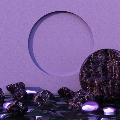 最小的化妆品背景，产品介绍。与石头和黑色大理石紫色金属几何形式和裙楼上黑色水彩混凝土墙背景。3 d渲