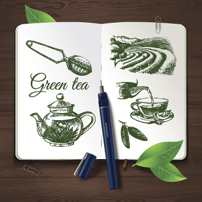 手绘素描茶具。矢量身份设置在木制背景