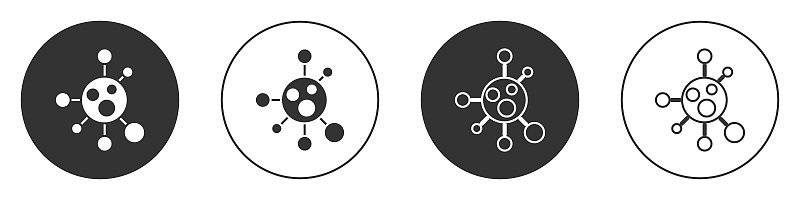 黑色分子图标孤立在白色背景。化学分子结构，科学教师创新教育海报。圆按钮。向量