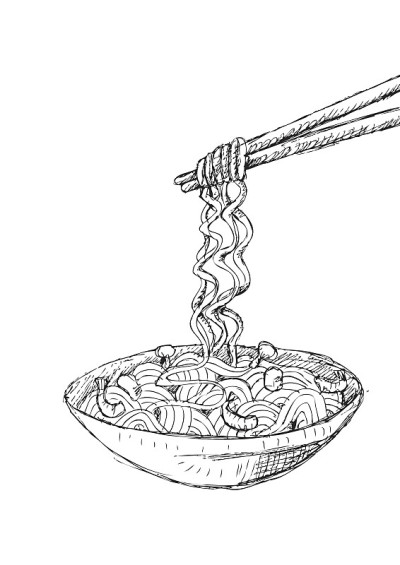 手画的面条在碗和筷子