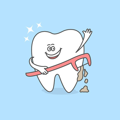 卡通牙齿与牙线棒或牙线持有人。