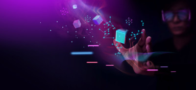 Metaverse和区块链技术概念。戴眼镜的人尝试触摸物体来体验元宇宙虚拟世界