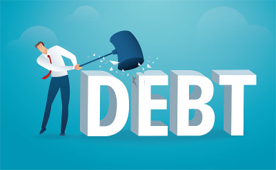 Man destroying the word debt with a hammer. vector